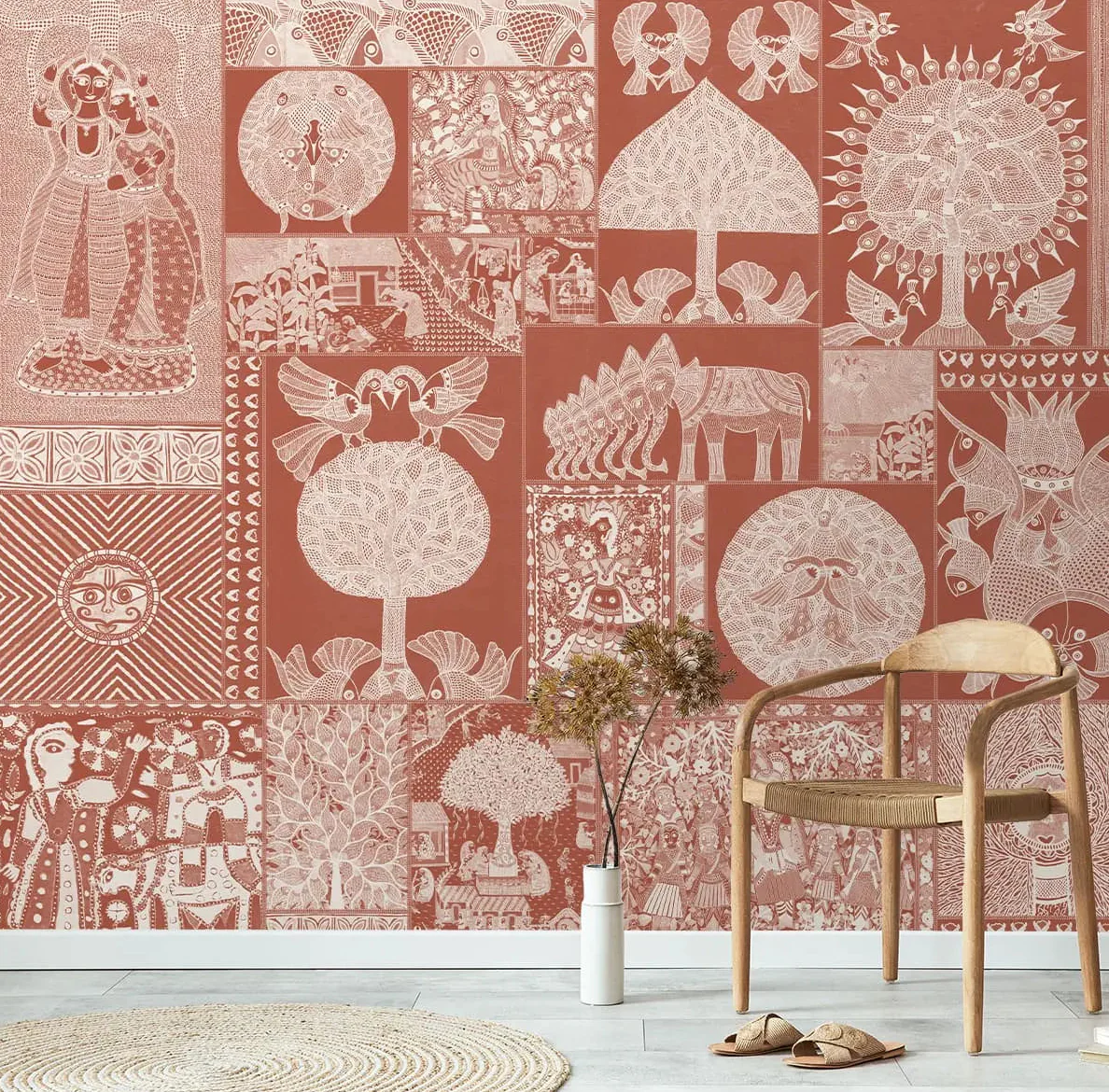 'Geet Madhubani' Wallpaper in Terracotta