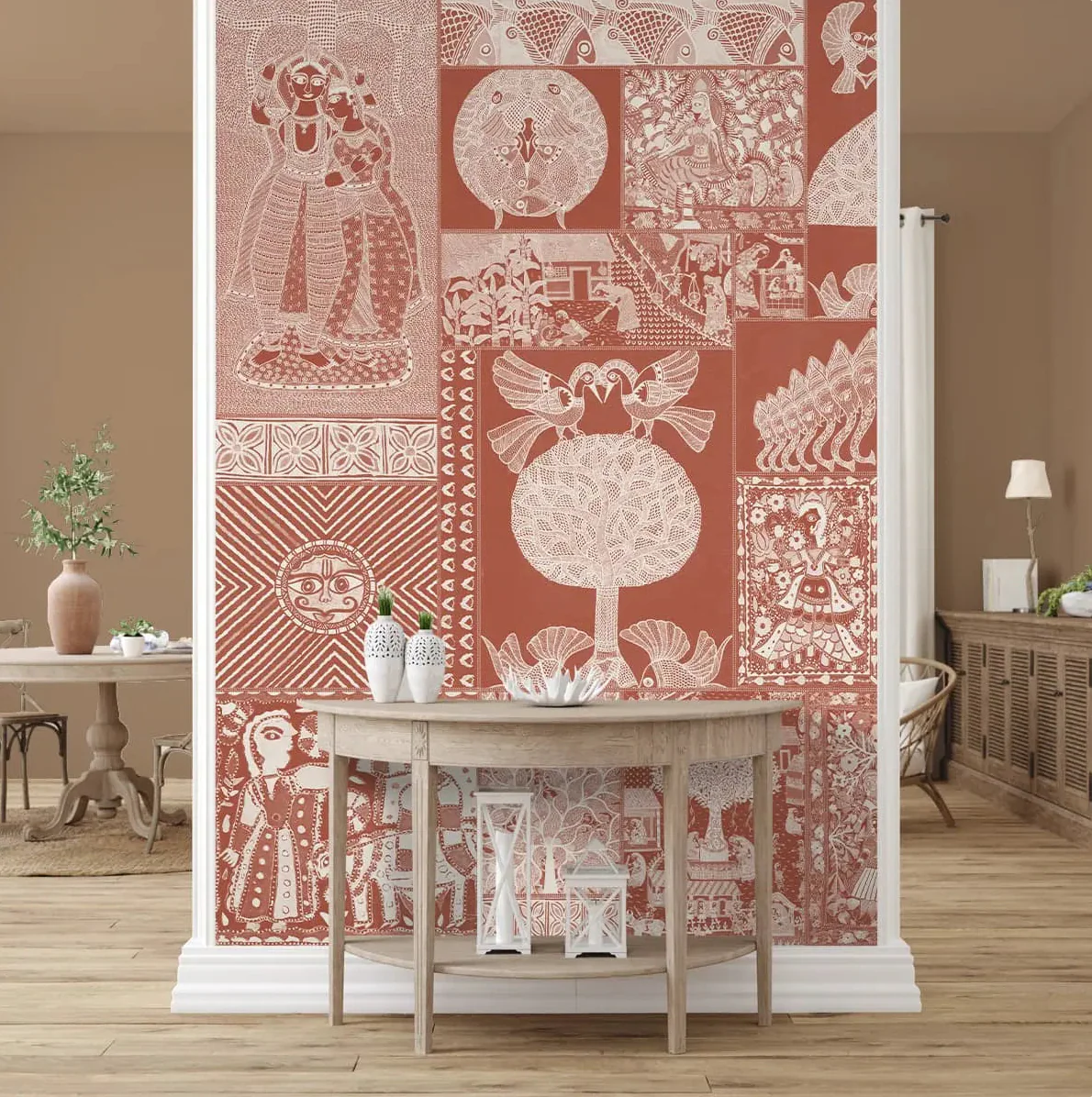 'Geet Madhubani' Wallpaper in Terracotta - Image 2