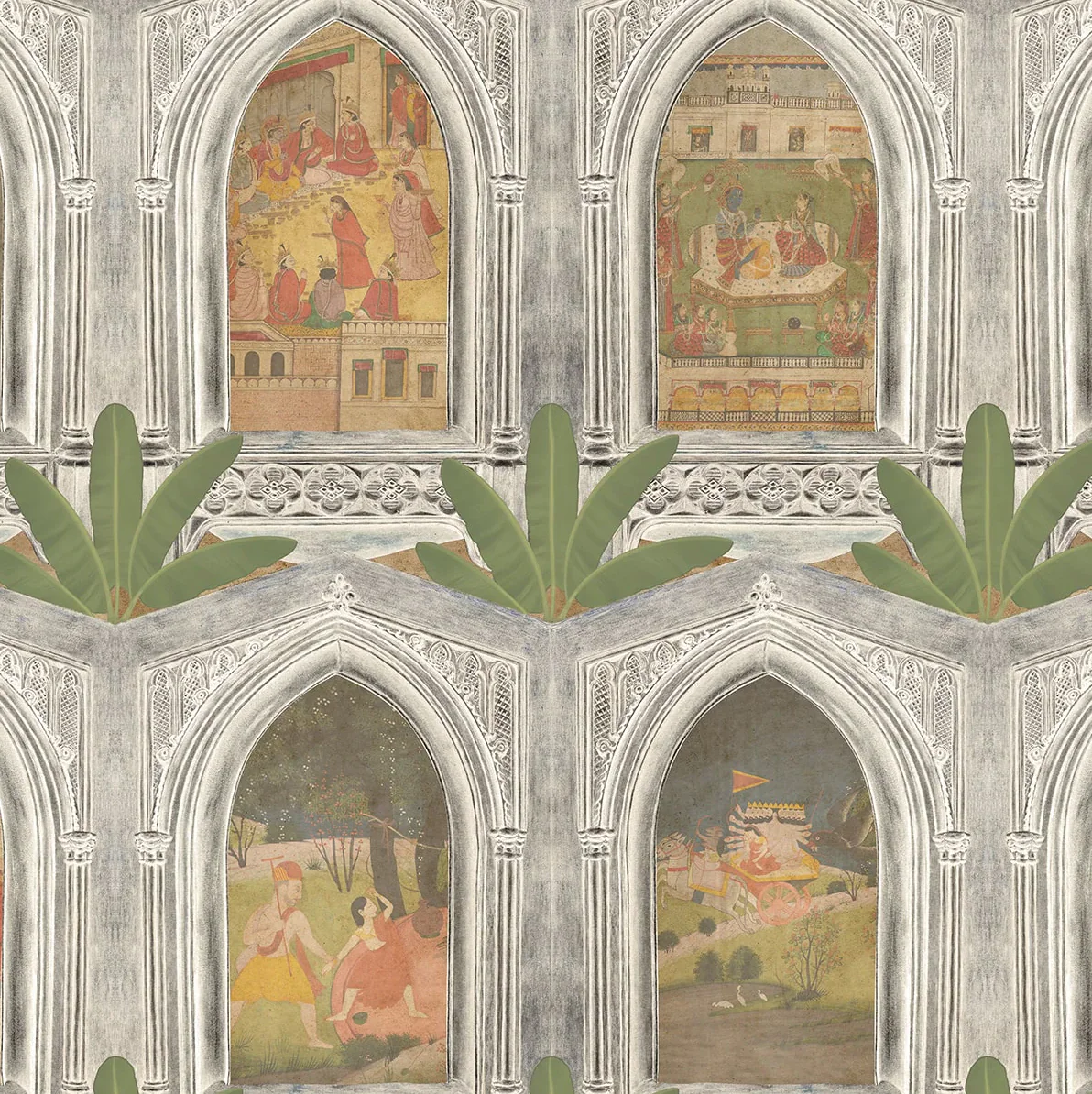 'Ramayan Jharokha Vignettes' Wallpaper in Antique Silver - Image 3