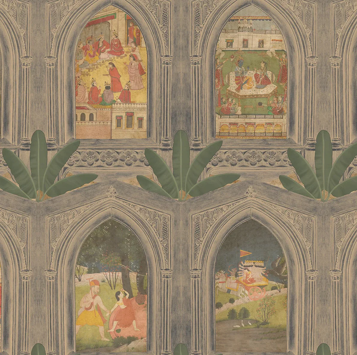 'Ramayan Jharokha Vignettes' Wallpaper in Dusky - Image 3